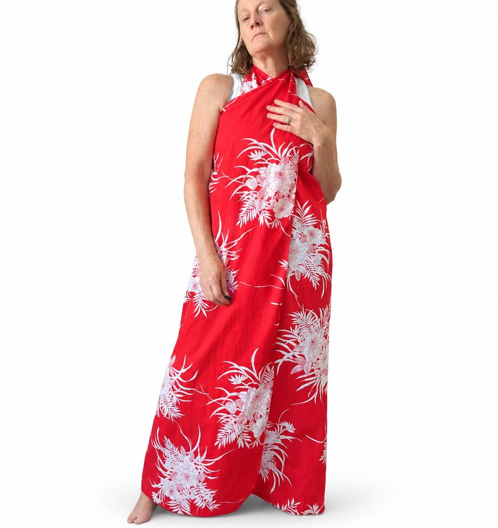 Vtg Hilo Hattie Swim Cover Hawaiian Dress Red Hibiscus Floral Print USA OSFM